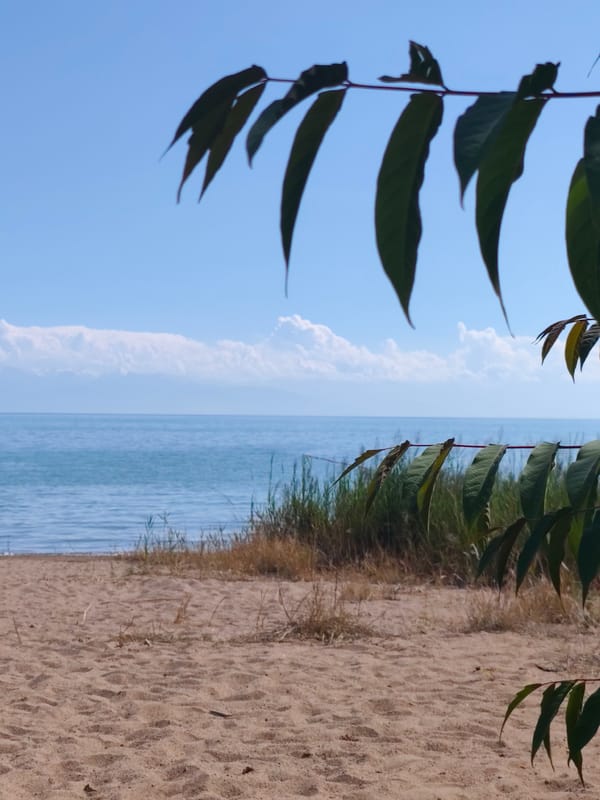 Quiet sandy shore on Issyk-Kul Lake, Kyrgyzstan