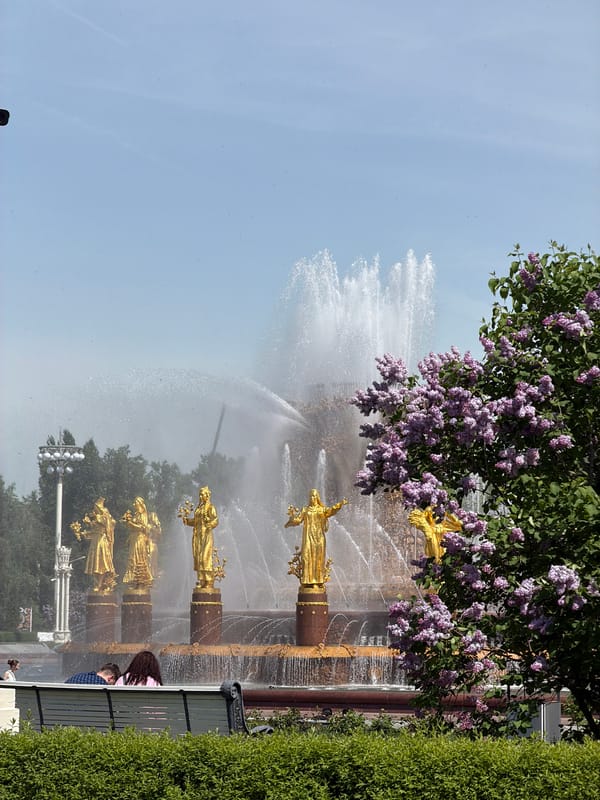 Tourists document spring morning visit to Moscow's VDNKh exhibition center