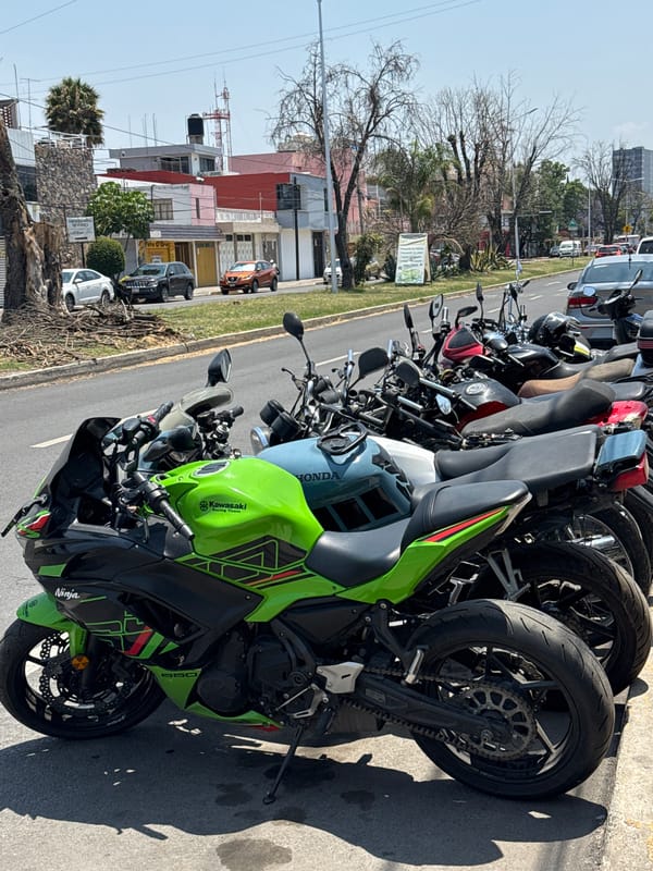 Motorcycles lined up on Puebla street Thursday evening