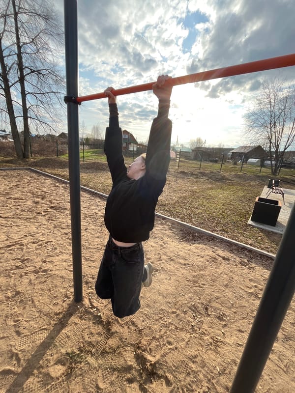 Young person exercises, explores outdoors in Sosnovo, Russia