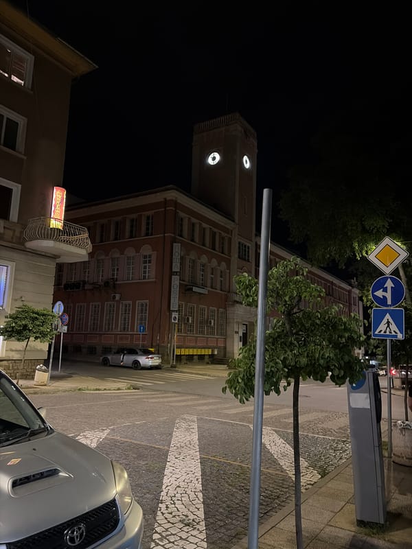 Nighttime street photography captures evening scenes in Stara Zagora