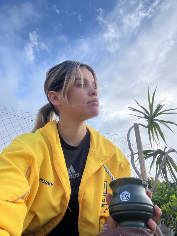 Woman enjoys mate outdoors in Sumalao, Argentina