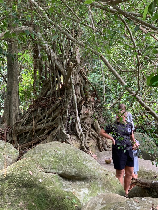 Hikers explore rocky forest terrain in Ko Samui Thailand
