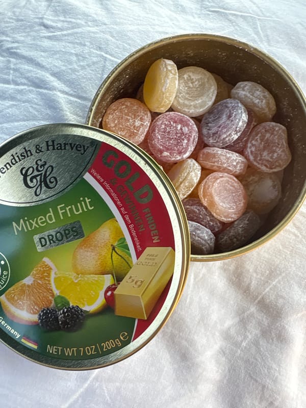 Cavendish & Harvey fruit drop tin, open and colorful