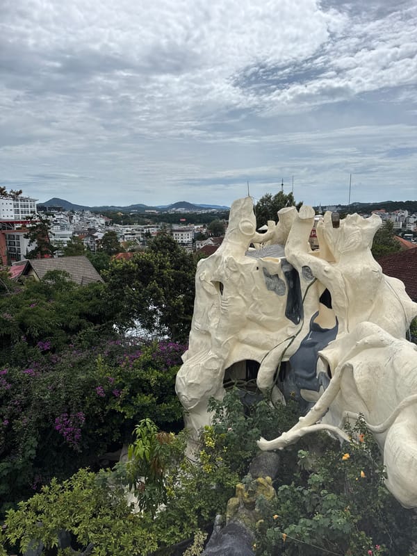 Tourist documents Vietnam's famous Crazy House architecture at night