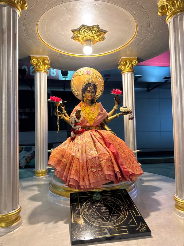 Hindu deity statues observed at Bangkok shrine with offerings