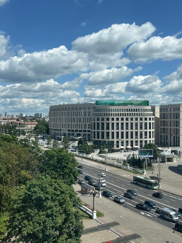 Elevated views over central Minsk on a clear summer morning