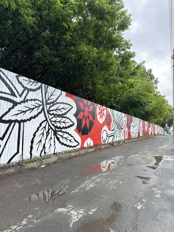 Street art mural on metal fence in Izhevsk
