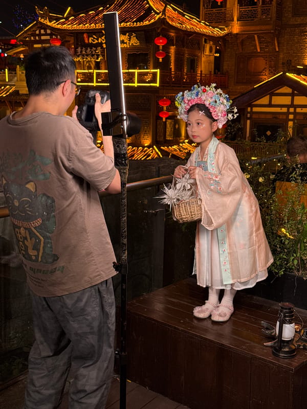 Traditional costume photoshoots and dining captured in illuminated Yuzhong District