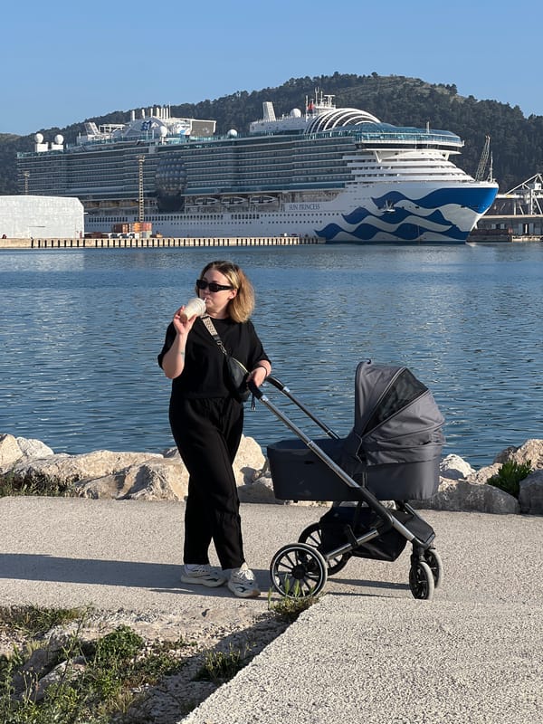 Woman with stroller spotted near cruise ship in Bar, Montenegro