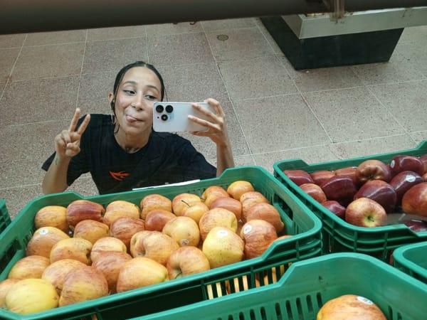 Woman documents shopping trip with selfies in Porlamar supermarket