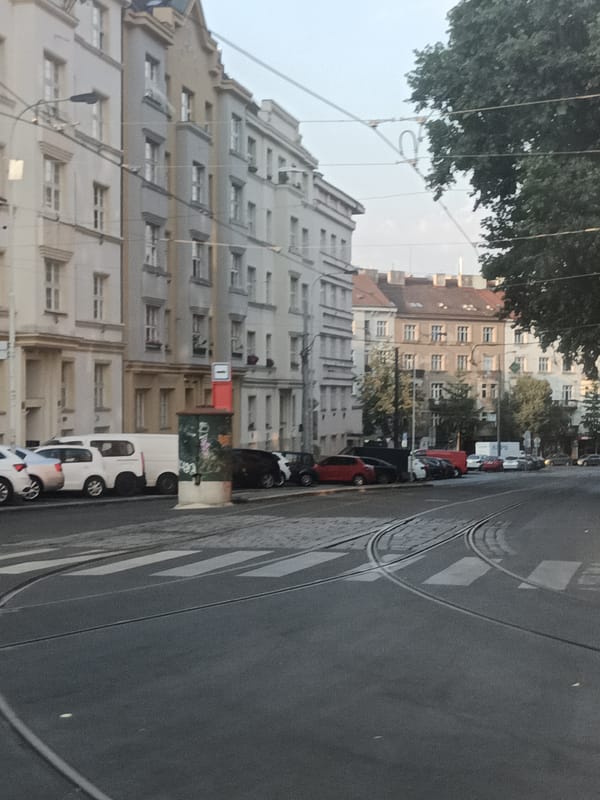 Prague streetscape: tram tracks, historic facades, and a flower shop corner