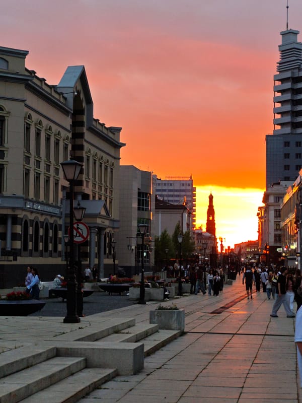 Kazan city streets bathed in late evening golden light