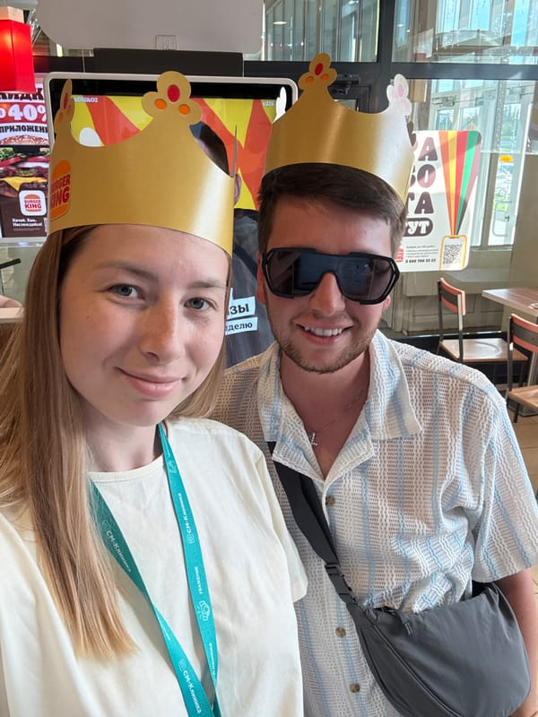 Couple enjoys playful moment at Moscow Burger King