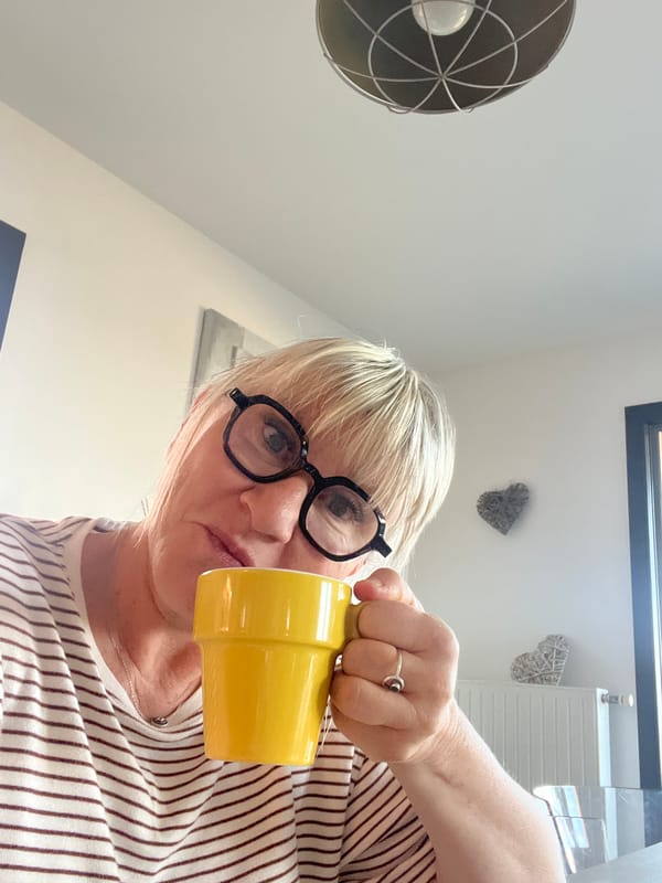 Morning moments captured in Chambœuf: woman with mug, Pomeranian dog