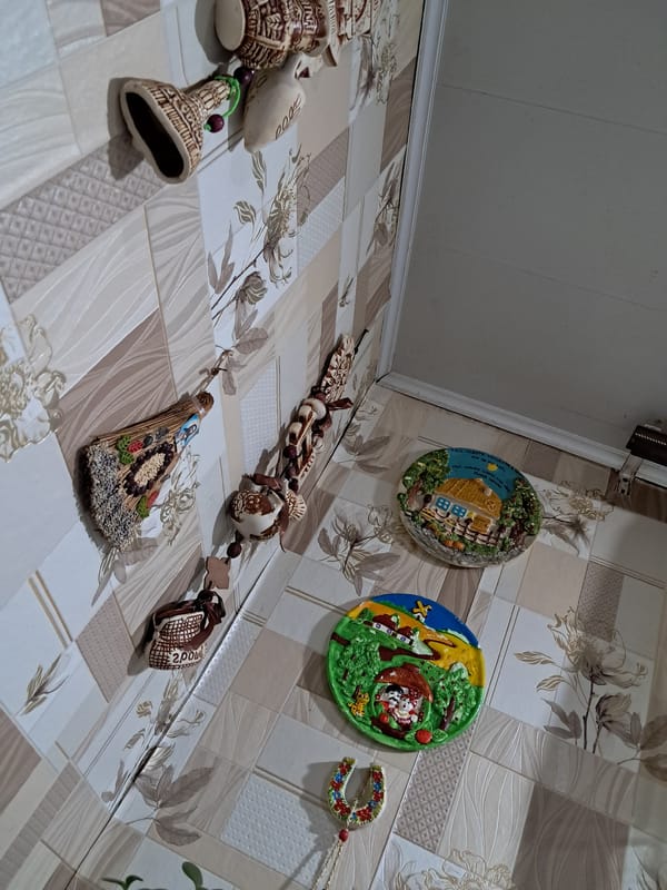 Decorated home interior with ceramics and flowers, Kremenchuk