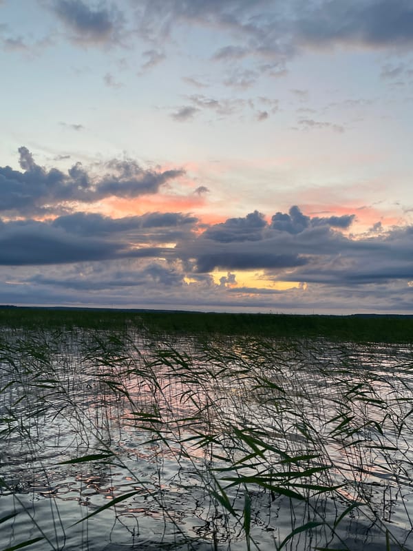 Evening on the lake: boating, swimming, and a quiet Russian sunset.