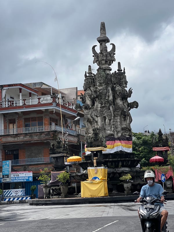 Goa Lawah Temple's gate and monument on a cloudy Klungkung morning