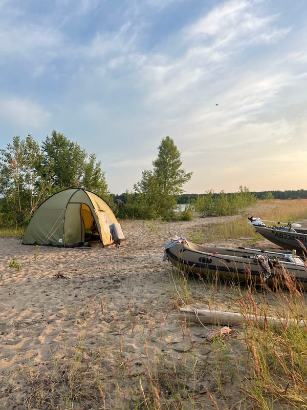 Lakeside campsite at sunset, Borovoe, Russia