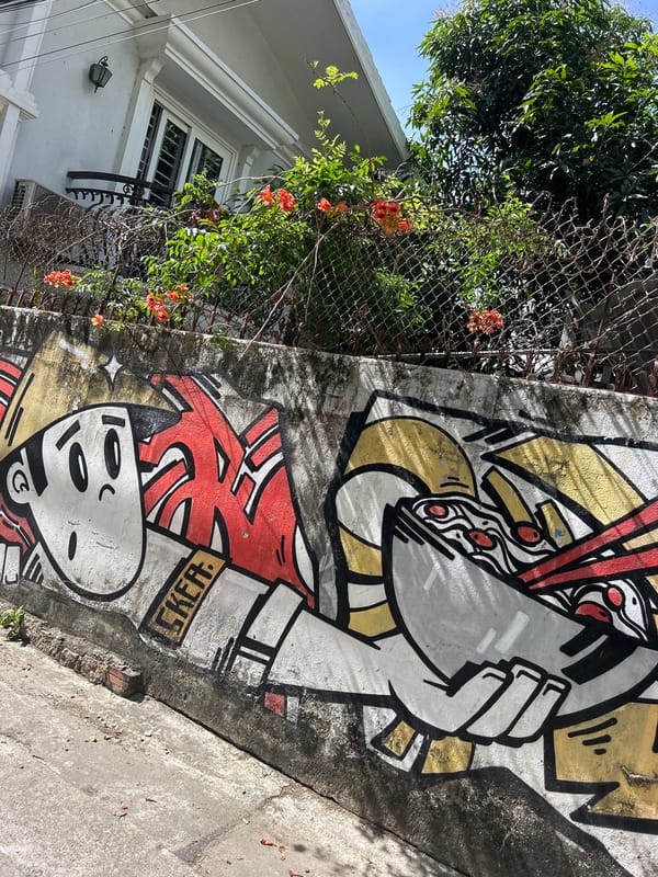 Vietnamese street art featuring sheep in conical hats documented