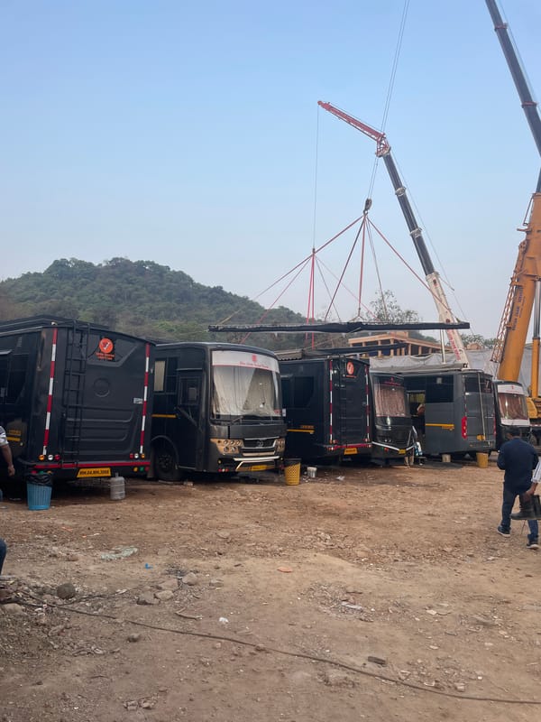 Film production setup with vanity vans, vendors in Mira-Bhayander