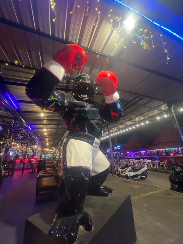 Night out on a Southeast Asian entertainment strip with food and bars