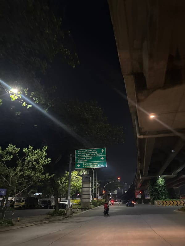 Nighttime street journey documented across Tangerang, Indonesia