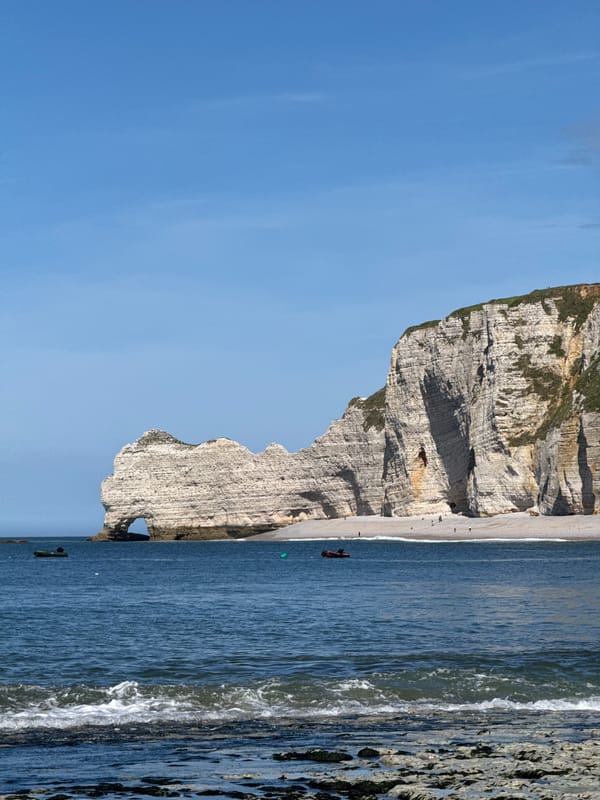 Tourist documents iconic Étretat cliffs and town views