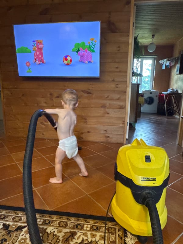 Toddler turns a Kärcher vacuum into a backyard toy