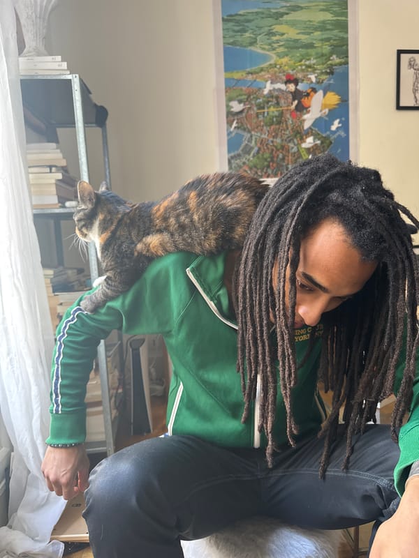 Person with dreadlocks shares quiet moment with cat in Paris