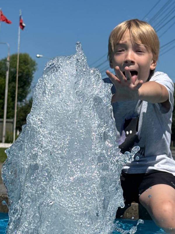 Playful moment at a Dmitrov water fountain in summer