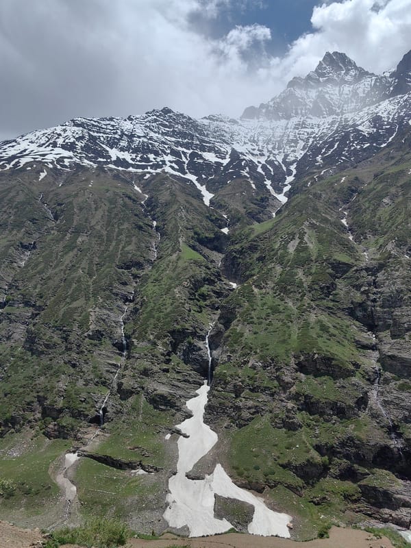 Mountain waterfalls and snow patches documented in Yamling, India