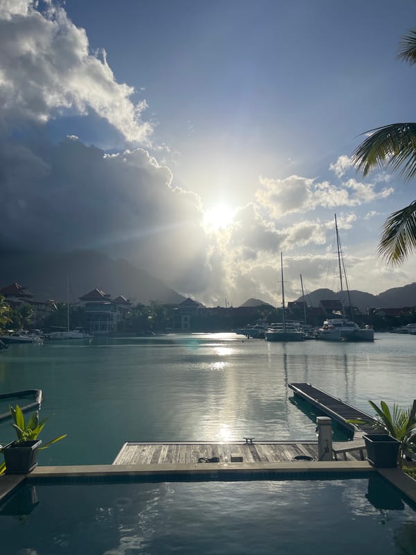 Providence marina glows during a vivid Seychelles sunset