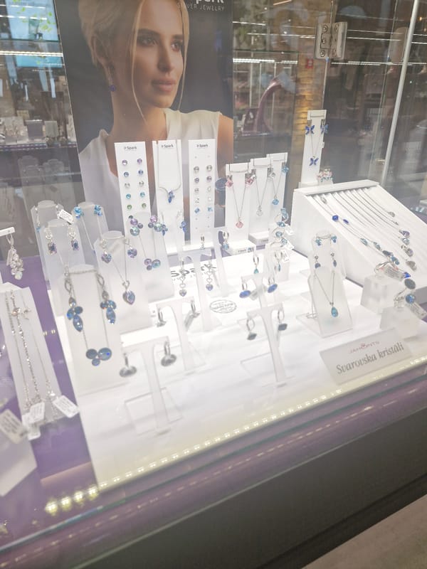 Shopper documents jewelry displays and clothing stores during mall visit