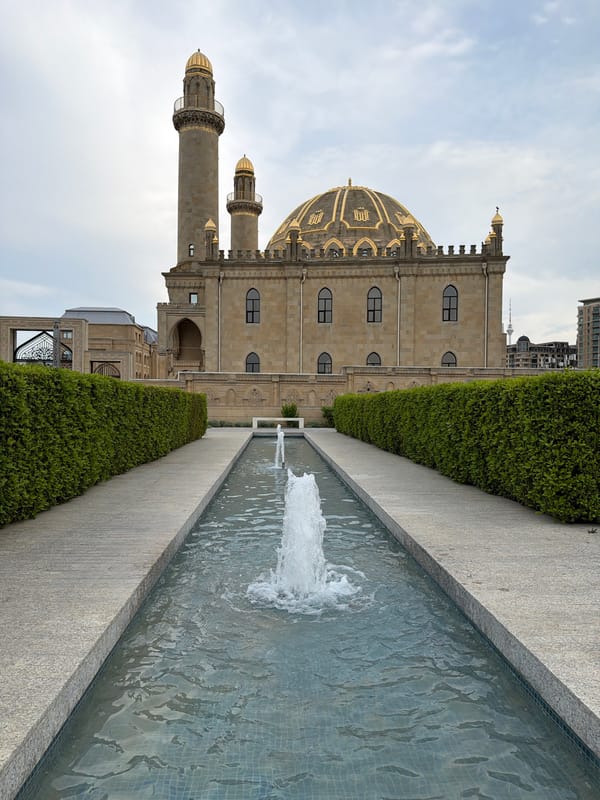 Birds gather at mosque fountain in Baku