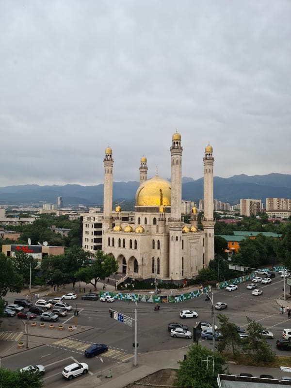 Almaty's Central Mosque seen from above on a cloudy day