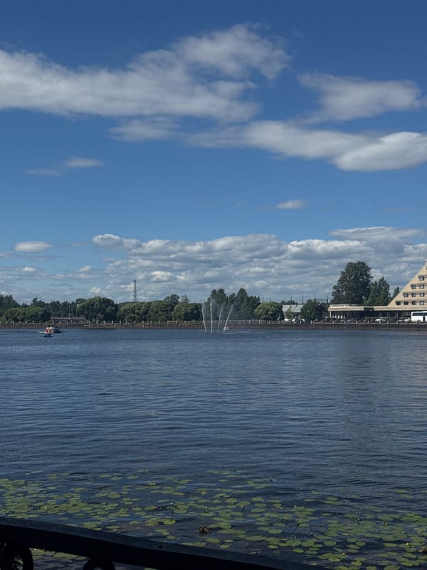 Drinks and historic architecture near a city lake