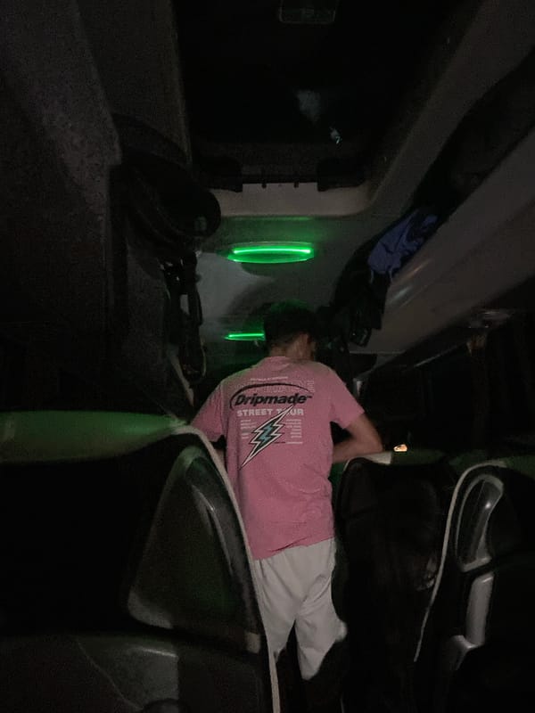 Night bus passengers observed resting during Bulgarian countryside journey