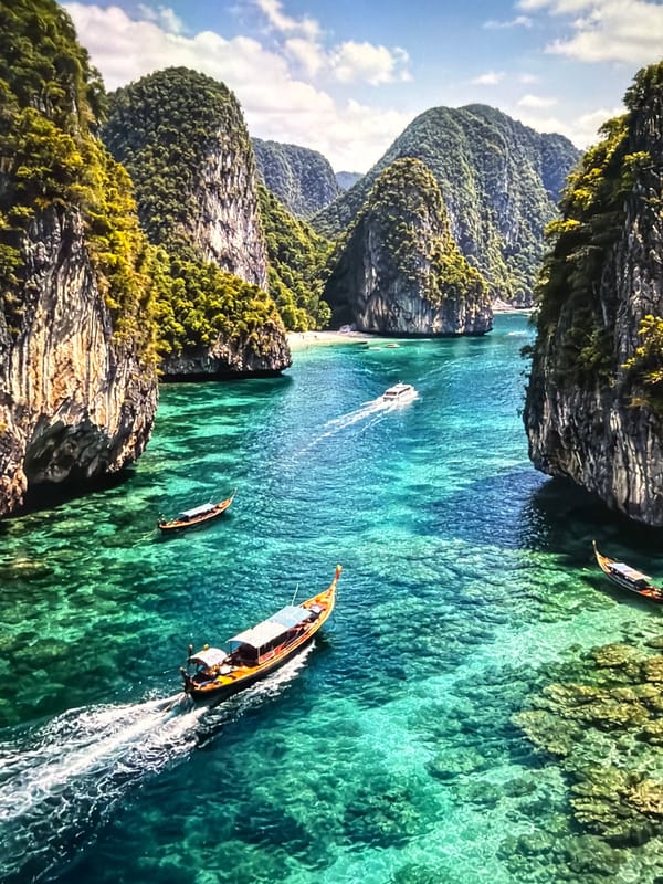 Tropical bay with limestone karsts and longtail boats documented