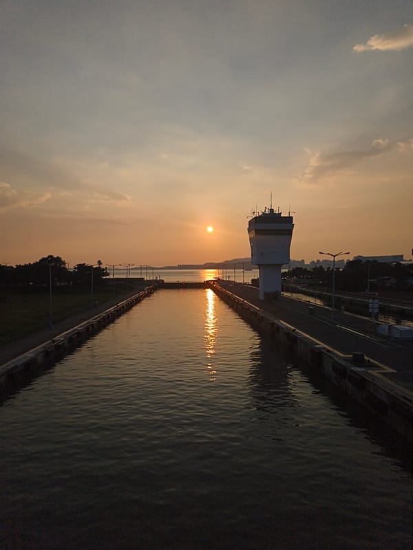 Warm sunset glow over an Incheon lock