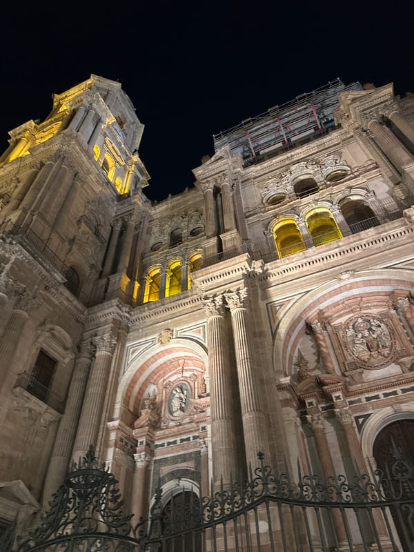 Nighttime documentation of Málaga Cathedral and surrounding streets