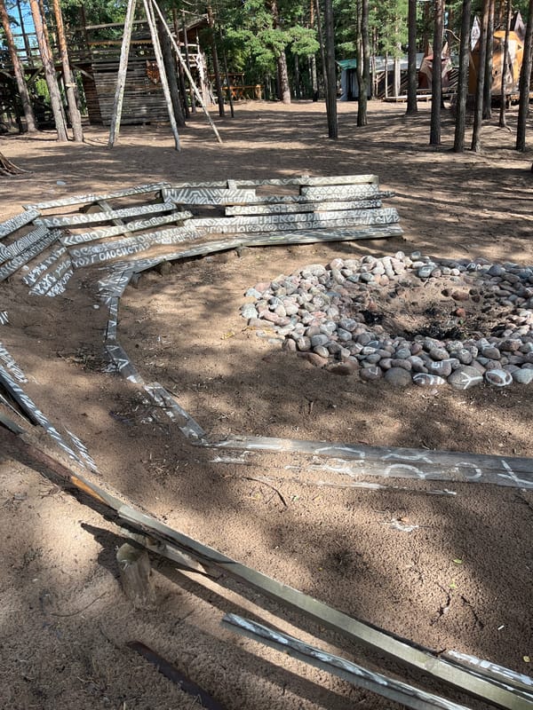 Beachside scene with driftwood, a fire pit circle, and calm water