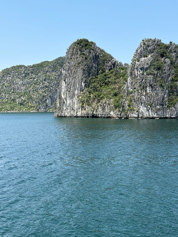 Tourist documents morning cruise through Ha Long Bay's limestone formations