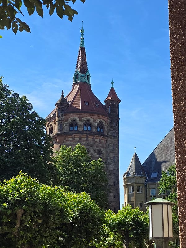 Worms landmarks: water tower, church, and train station on a sunny morning