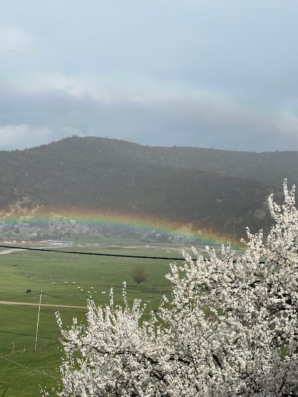 Rainbow appears over pastoral fields near Velingrad, Bulgaria