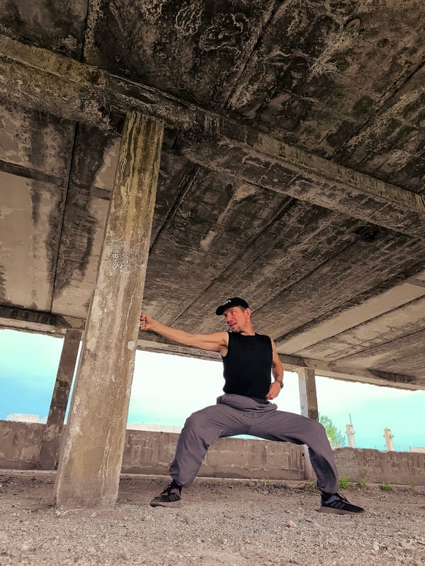 Martial arts and ribbon pole practice in abandoned Karaganda building