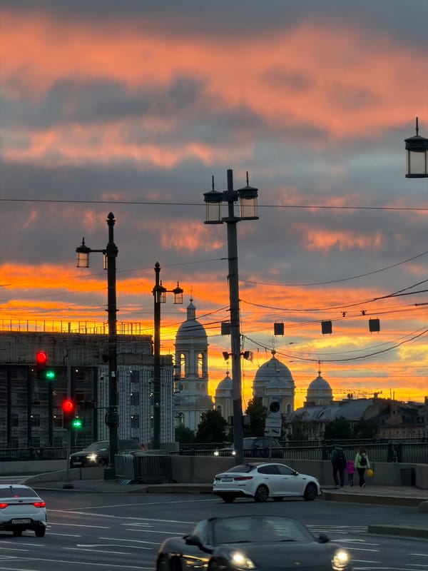 Sunset over Saint Petersburg's Vasilyevsky Island waterfront