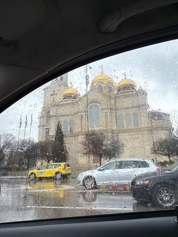 Rainy day observations of Varna cathedral and street scene