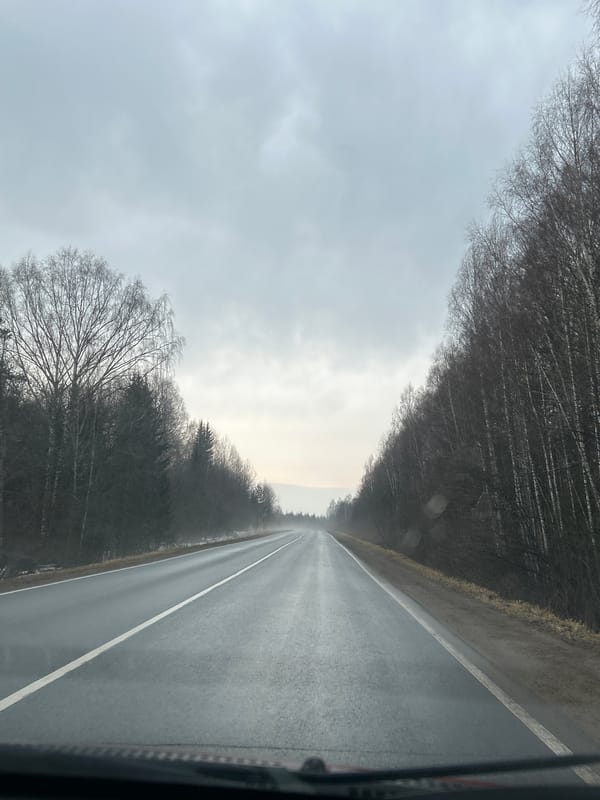 Wet road observed under overcast skies in Belaya Gora