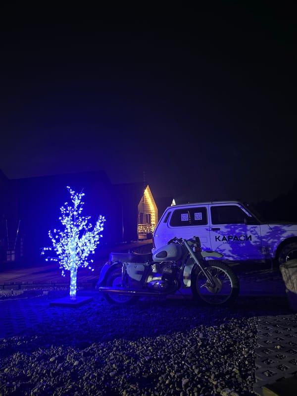 Nighttime scenes documented in Pirogovo, Russia show illuminated buildings